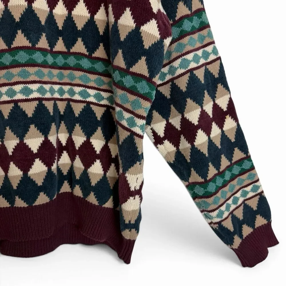 VTG 90s Saks Fifth Avenue 100% Cotton Geometric Grandpa Sweater Multicolor XL